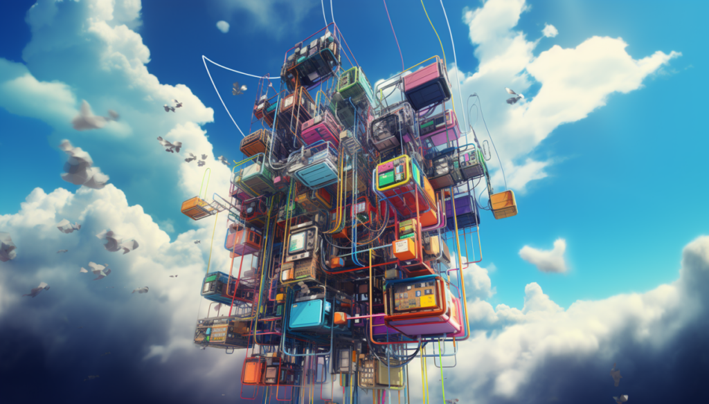 Artistic representation of colorful servers floating in the blue ski surrounded by clouds.