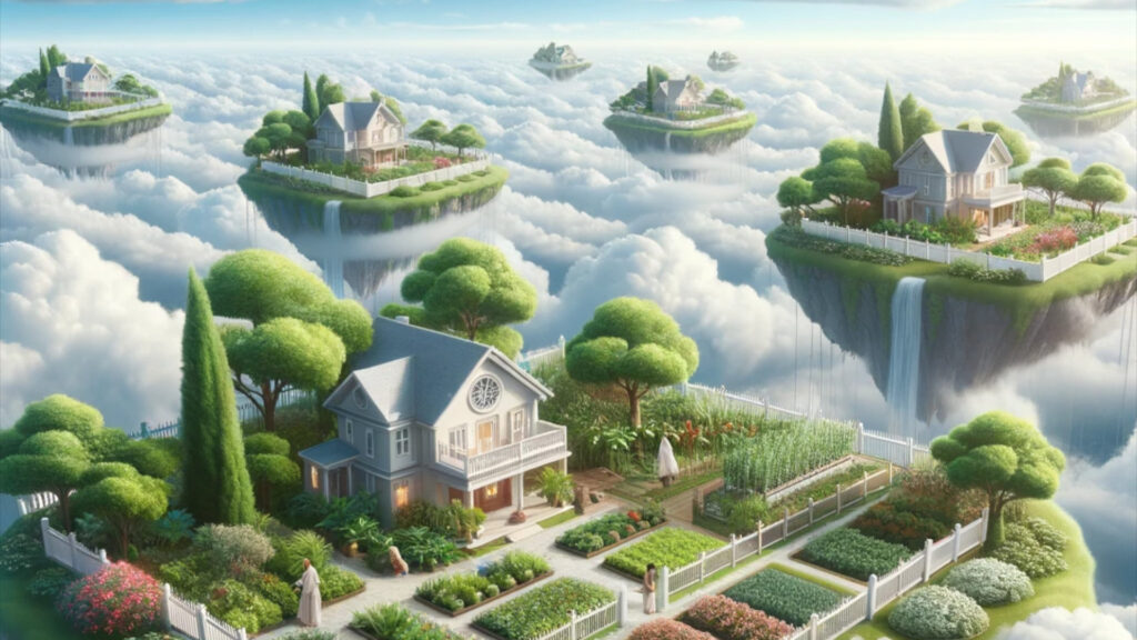 Villas floating on top of the clouds representing the concept of a cloud environment subdivided into private networks.