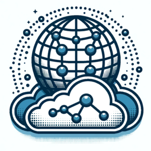 Vector art illustration of 'Hosted Web Applications': A sleek globe with interconnected nodes symbolizing the web, placed atop a stylized cloud to indicate hosting.